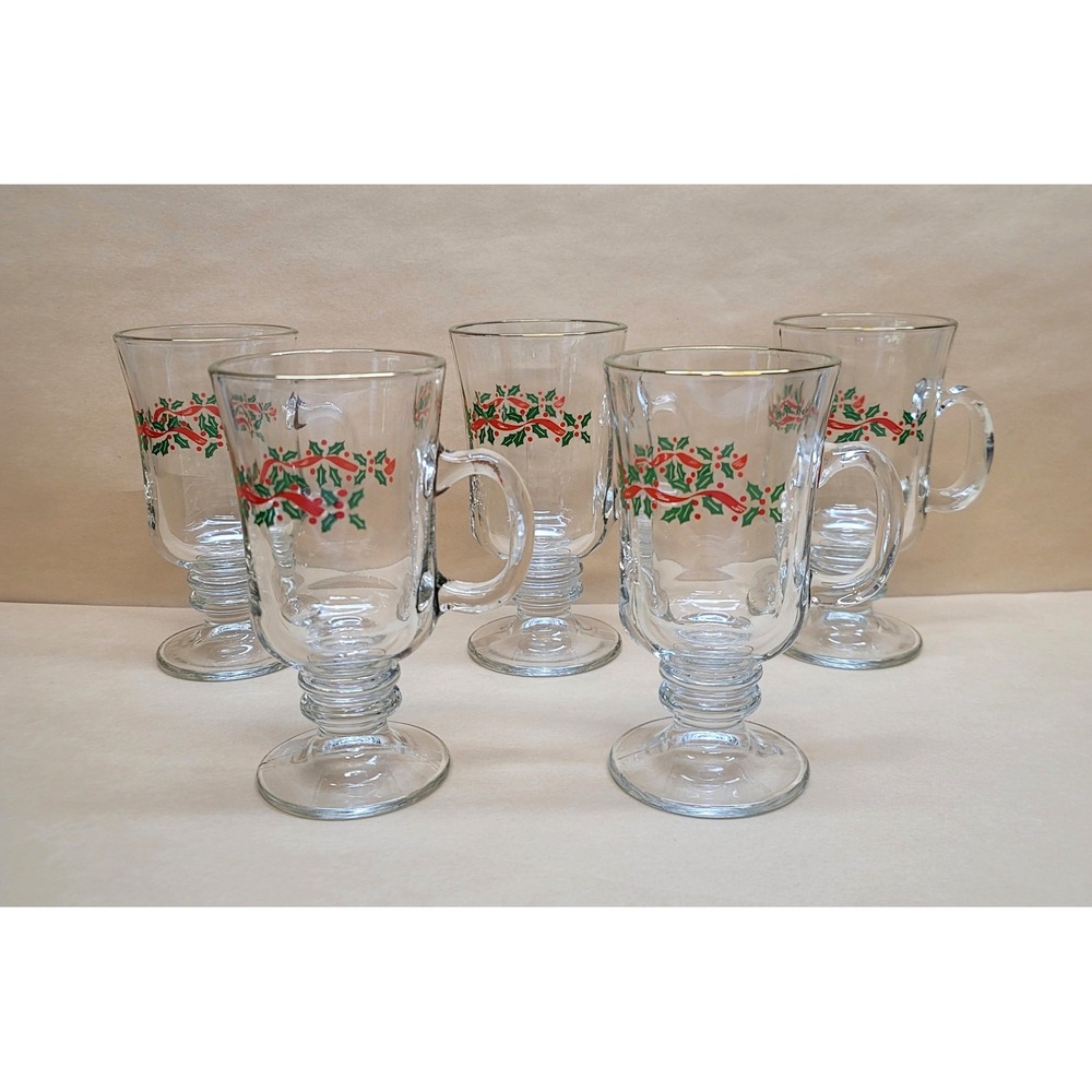Libbey Christmas Holly Ribbon Irish Coffee Mugs Gold Rim Footed Glass Set of 5